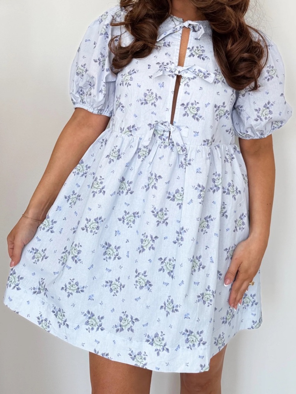 Storia Blue Floral Babydoll Mini Dress Puff Sleeve Tie Front Cottagecore. Size M